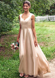 A-line V Neck Sleeveless Floor-Length Stretch Satin Bridesmaid Dresses with Pleated Lorelei STIP0025266