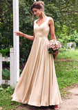 A-line V Neck Sleeveless Floor-Length Stretch Satin Bridesmaid Dresses with Pleated Lorelei STIP0025266