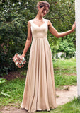 A-line V Neck Sleeveless Floor-Length Stretch Satin Bridesmaid Dresses with Pleated Lorelei STIP0025266