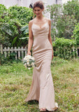 Sheath/Column V Neck Sleeveless Floor-Length Stretch Satin Bridesmaid Dresses with Pleated Sydnee STIP0025267