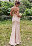 Sheath/Column V Neck Sleeveless Floor-Length Stretch Satin Bridesmaid Dresses with Pleated Sydnee STIP0025267