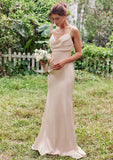 Sheath/Column V Neck Sleeveless Floor-Length Stretch Satin Bridesmaid Dresses with Pleated Sydnee STIP0025267