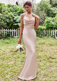 Sheath/Column V Neck Sleeveless Floor-Length Stretch Satin Bridesmaid Dresses with Pleated Sydnee STIP0025267