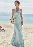 Sheath/Column V Neck Sleeveless Floor-Length Stretch Satin Bridesmaid Dresses with Pleated Gwendolyn STIP0025268