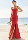 Trumpet/Mermaid V Neck Sleeveless Floor-Length Stretch Crepe Bridesmaid Dresses with Split Una STIP0025269