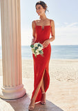 Trumpet/Mermaid V Neck Sleeveless Floor-Length Stretch Crepe Bridesmaid Dresses with Split Una STIP0025269