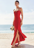 Trumpet/Mermaid V Neck Sleeveless Floor-Length Stretch Crepe Bridesmaid Dresses with Split Una STIP0025269