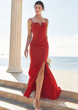 Trumpet/Mermaid V Neck Sleeveless Floor-Length Stretch Crepe Bridesmaid Dresses with Split Una STIP0025269