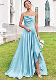 A-line Cowl Neck Sleeveless Floor-Length Stretch Satin Bridesmaid Dresses with Pleated Ruffles Split Denisse STIP0025270