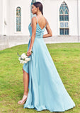 A-line Cowl Neck Sleeveless Floor-Length Stretch Satin Bridesmaid Dresses with Pleated Ruffles Split Denisse STIP0025270