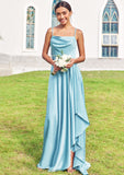 A-line Cowl Neck Sleeveless Floor-Length Stretch Satin Bridesmaid Dresses with Pleated Ruffles Split Denisse STIP0025270