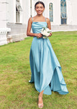 A-line Cowl Neck Sleeveless Floor-Length Stretch Satin Bridesmaid Dresses with Pleated Ruffles Split Denisse STIP0025270