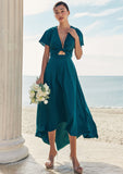 A-line V Neck Short Sleeve Asymmetrical Stretch Satin Bridesmaid Dresses with Bowknot Sashes Iyana STIP0025272