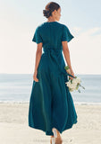 A-line V Neck Short Sleeve Asymmetrical Stretch Satin Bridesmaid Dresses with Bowknot Sashes Iyana STIP0025272