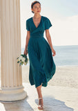 A-line V Neck Short Sleeve Asymmetrical Stretch Satin Bridesmaid Dresses with Bowknot Sashes Iyana STIP0025272