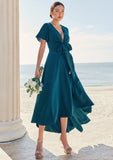 A-line V Neck Short Sleeve Asymmetrical Stretch Satin Bridesmaid Dresses with Bowknot Sashes Iyana STIP0025272