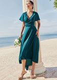 A-line V Neck Short Sleeve Asymmetrical Stretch Satin Bridesmaid Dresses with Bowknot Sashes Iyana STIP0025272