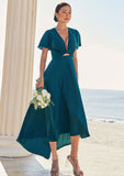 A-line V Neck Short Sleeve Asymmetrical Stretch Satin Bridesmaid Dresses with Bowknot Sashes Iyana STIP0025272