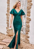 Trumpet/Mermaid V Neck Short Sleeve Stretch Crepe Floor-Length Bridesmaid Dresses with Split Hedda STIP0025273