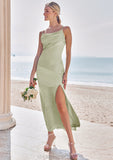 Sheath/Column Cowl Neck Sleeveless Ankle-Length Stretch Satin Bridesmaid Dresses with Split Kianna STIP0025275