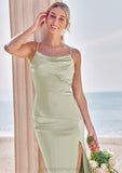 Sheath/Column Cowl Neck Sleeveless Ankle-Length Stretch Satin Bridesmaid Dresses with Split Kianna STIP0025275