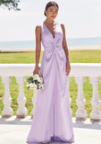 A-line V Neck Sleeveless Floor-Length Stretch Satin Bridesmaid Dresses with Pleated Split Alexandria STIP0025276