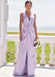 A-line V Neck Sleeveless Floor-Length Stretch Satin Bridesmaid Dresses with Pleated Split Alexandria STIP0025276