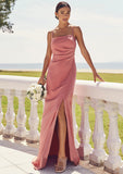 Sheath/Column Square Neckline Sleeveless Floor-Length Stretch Satin Bridesmaid Dresses with Pleated Split Kamora STIP0025277