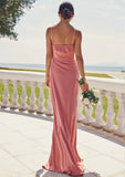 Sheath/Column Square Neckline Sleeveless Floor-Length Stretch Satin Bridesmaid Dresses with Pleated Split Kamora STIP0025277