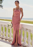 Sheath/Column Square Neckline Sleeveless Floor-Length Stretch Satin Bridesmaid Dresses with Pleated Split Kamora STIP0025277