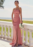 Sheath/Column Square Neckline Sleeveless Floor-Length Stretch Satin Bridesmaid Dresses with Pleated Split Kamora STIP0025277