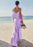 Sheath/Column V Neck Sleeveless Floor-Length Stretch Satin Bridesmaid Dresses with Ruffles Siena STIP0025278