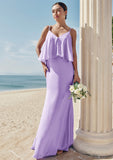 Sheath/Column V Neck Sleeveless Floor-Length Stretch Satin Bridesmaid Dresses with Ruffles Siena STIP0025278