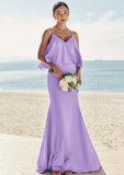 Sheath/Column V Neck Sleeveless Floor-Length Stretch Satin Bridesmaid Dresses with Ruffles Siena STIP0025278