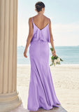 Sheath/Column V Neck Sleeveless Floor-Length Stretch Satin Bridesmaid Dresses with Ruffles Siena STIP0025278