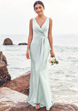 Sheath/Column V Neck Sleeveless Floor-Length Stretch Satin Bridesmaid Dresses with Pleated Split Maren STIP0025279