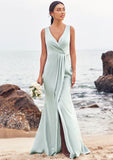 Sheath/Column V Neck Sleeveless Floor-Length Stretch Satin Bridesmaid Dresses with Pleated Split Maren STIP0025279