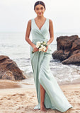 Sheath/Column V Neck Sleeveless Floor-Length Stretch Satin Bridesmaid Dresses with Pleated Split Maren STIP0025279