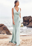 Sheath/Column V Neck Sleeveless Floor-Length Stretch Satin Bridesmaid Dresses with Pleated Split Maren STIP0025279