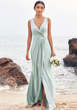 Sheath/Column V Neck Sleeveless Floor-Length Stretch Satin Bridesmaid Dresses with Pleated Split Maren STIP0025279