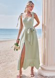 Sheath/Column Square Neckline Sleeveless Tea-Length Stretch Satin Bridesmaid Dresses with Bowknot Ruffles Split Kayley STIP0025280