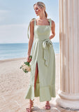 Sheath/Column Square Neckline Sleeveless Tea-Length Stretch Satin Bridesmaid Dresses with Bowknot Ruffles Split Kayley STIP0025280