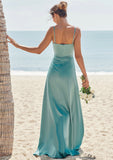 Sheath/Column Square Neckline Sleeveless Floor-Length Stretch Satin Bridesmaid Dresses with Pleated Split Caylee STIP0025282