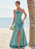 Sheath/Column Square Neckline Sleeveless Floor-Length Stretch Satin Bridesmaid Dresses with Pleated Split Caylee STIP0025282