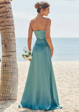 Sheath/Column Square Neckline Sleeveless Floor-Length Stretch Satin Bridesmaid Dresses with Pleated Split Caylee STIP0025282