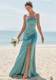 Sheath/Column Square Neckline Sleeveless Floor-Length Stretch Satin Bridesmaid Dresses with Pleated Split Caylee STIP0025282