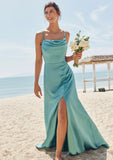 Sheath/Column Square Neckline Sleeveless Floor-Length Stretch Satin Bridesmaid Dresses with Pleated Split Caylee STIP0025282