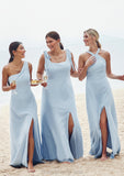 A-line One-Shoulder Sleeveless Floor-Length Stretch Crepe Bridesmaid Dresses with Pleated Split Bailee STIP0025284