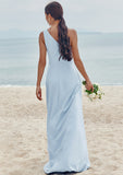 A-line One-Shoulder Sleeveless Floor-Length Stretch Crepe Bridesmaid Dresses with Pleated Split Bailee STIP0025284