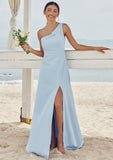 A-line One-Shoulder Sleeveless Floor-Length Stretch Crepe Bridesmaid Dresses with Pleated Split Bailee STIP0025284